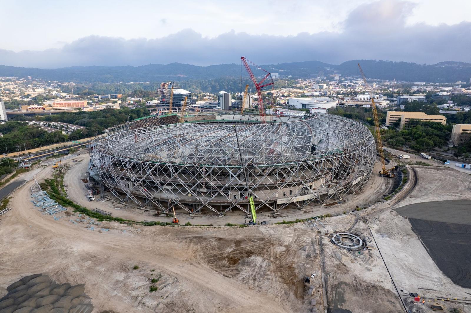 Aerial View of Large Stadium Construction Site