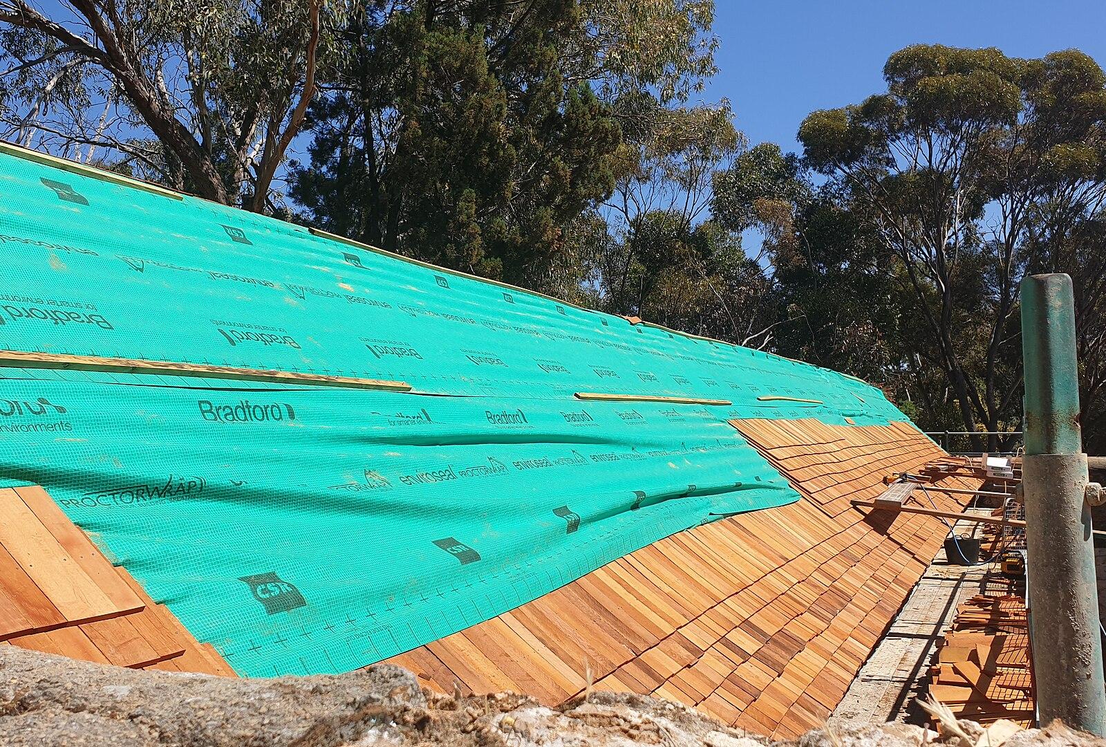 Closeup of shingles partially laid over Newcastle Gaol Museum cell wing, Toodyay October 2019
